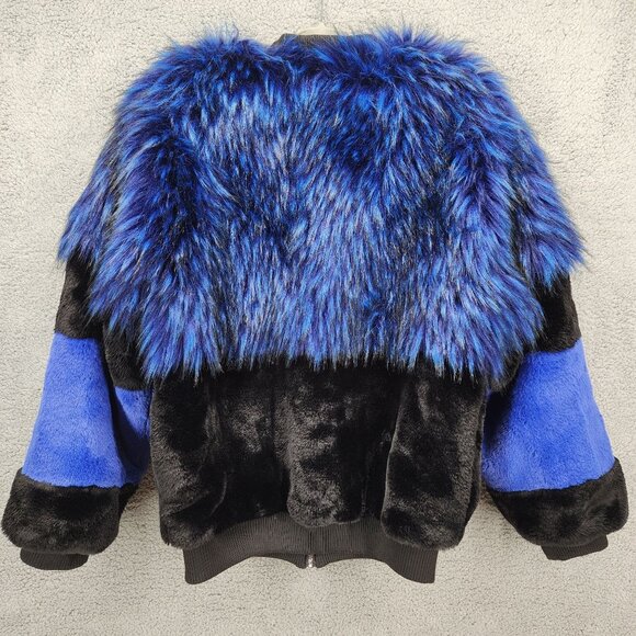 Shaci Blue Women's Size Medium Blue Black Faux Fur Monster Bomber Jacket - Picture 10 of 15